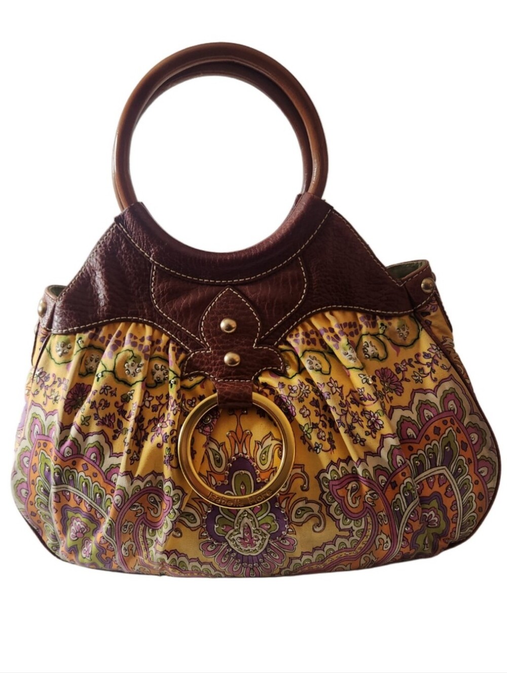 Isabella Fiore Boho Paisley Wood Top Handle  Statement Handbag